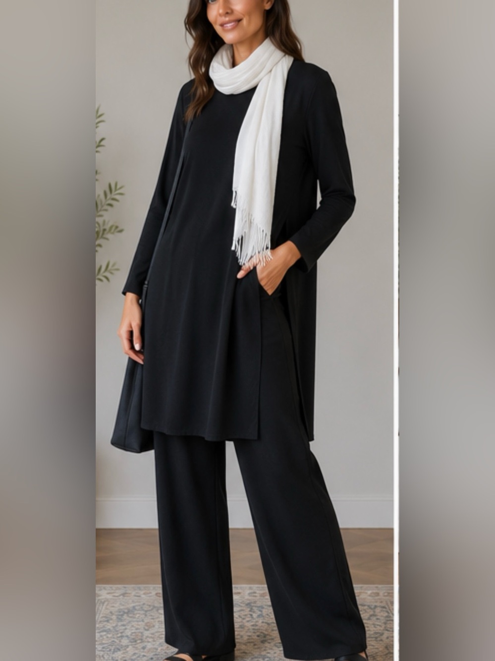 Eileen Fisher Womens M Black 100% Silk Tunic Dress High Side Slits Long Sleeve - Picture 4 of 13